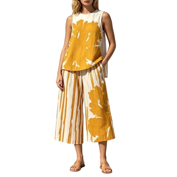 IWRICH 2 Piece Sets for Women Print Sleeveless Vest Tops Capri Pants Summer Outfits Yellow XL