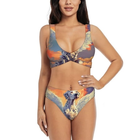 Zeuib Colorful Cloud Spotted Dog High Waisted Tummy Control Bikini Set - Knot Front Push Up Top & Cheeky Thong Bottom  Two-Piece Swimsuit for Women-Medium