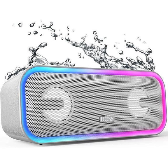 DOSS Grey Wireless Bluetooth Speaker, 15Hrs Long Playtime, 24W Impressive Sound with Booming Bass, IPX6 Waterproof, Wireless Stereo Pairing, Mixed Colors Lights, 66 FT Connectivity