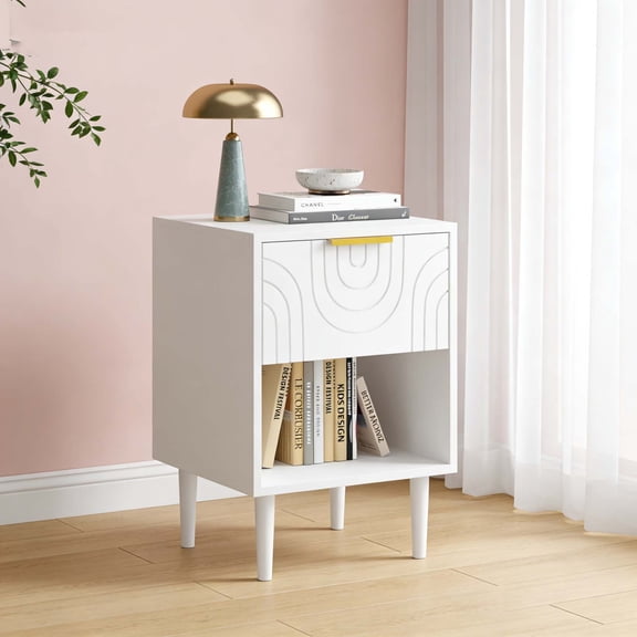 Modern White Nightstand with Drawer Gold Handle, Wood Leg Toddler Bedside Table for Boys Girls, Space-Saving End Table for Bedroom Small Spaces