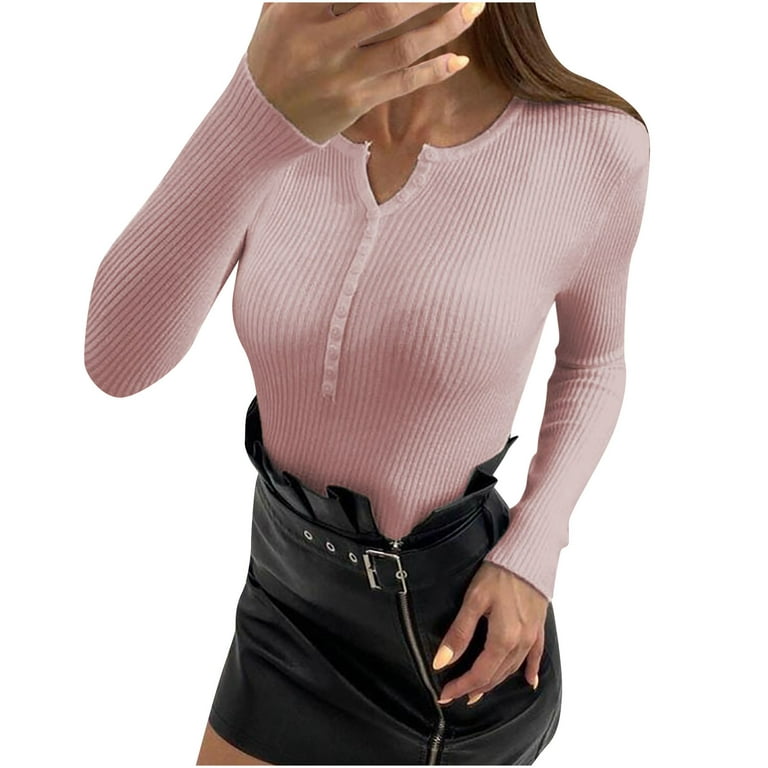 Elainilye Fashion Women Long Sleeve Tops V-Neck Solid Color Pullover Top  Knit Button Tops 