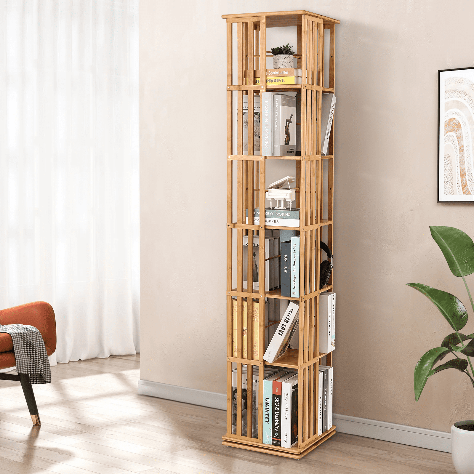 MoNiBloom Bamboo Rotating Bookshelf 360 Degrees, 6-Tiers Free Standing Revolving Bookcase, Storage Rack for Home, Study, Office, Natural