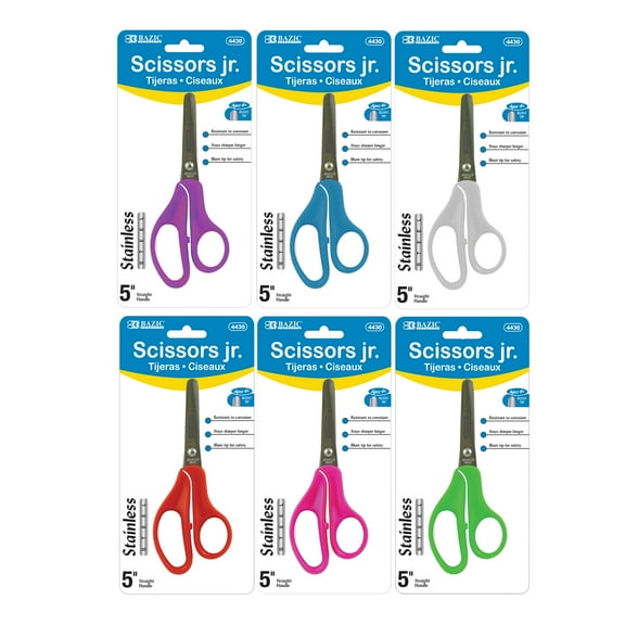 BAZIC 5" Blunt Tip School Scissors, Stainless Steel, Assorted Color, 6-Pack