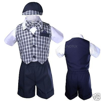 Infant Boy Toddler Formal Shorts Suits Navy Blue Checks Vest Set Gingham Sz (Best Way To Check Infant Temperature)