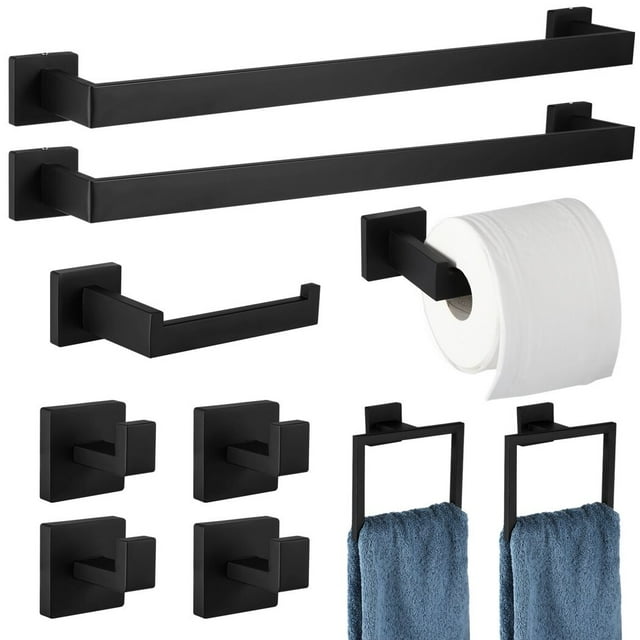 Juego de accesorios de baño de 10 piezas, juego de accesorios de baño negro mate, kit de toallero de baño montado en la pared, barras de toalla de acero inoxidable, anillos para toallas, soportes de p