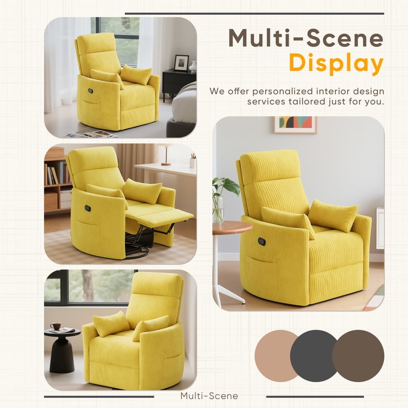 Homall 360° Swivel Nursery Recliner Power Swivel Rocker Recliner Chairwith 2 Pillows Comfy High Back Adult Glider Rocker for Living Room,Corduroy Yellow