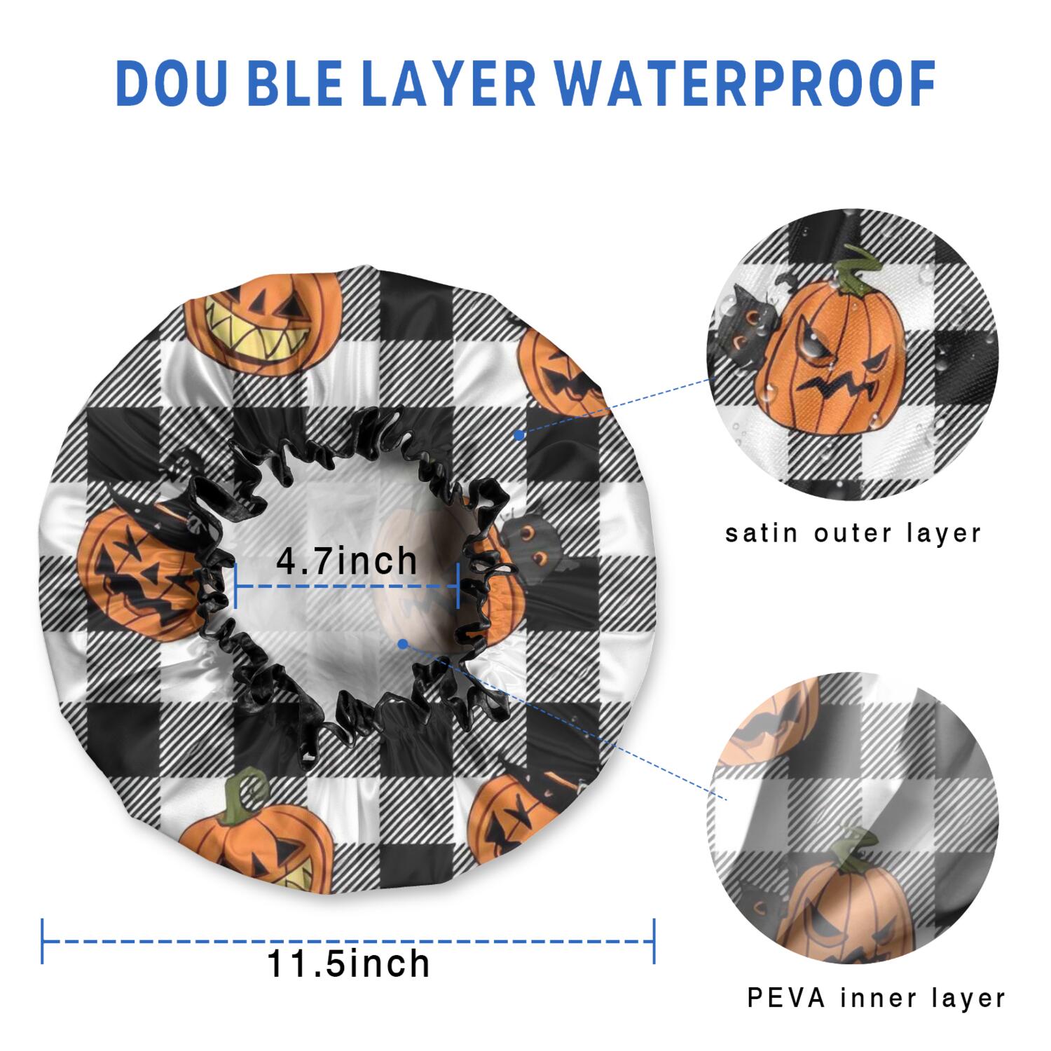 Shower Caps,Checkered Halloween Pumpkin Pattern Waterproof Shower Cap for Women 4 Pieces,Double Reusable Hair Cover for Shower PEVA Elastic Stretch Hem