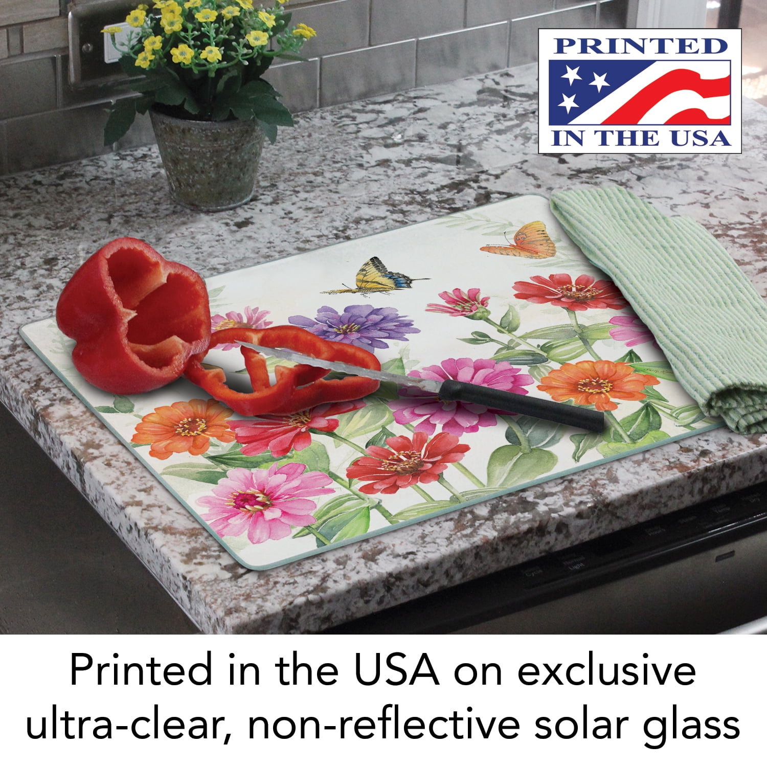 CounterArt Zinnias & Butterflies 3mm Tempered Glass Cutting Board 15" by 12"