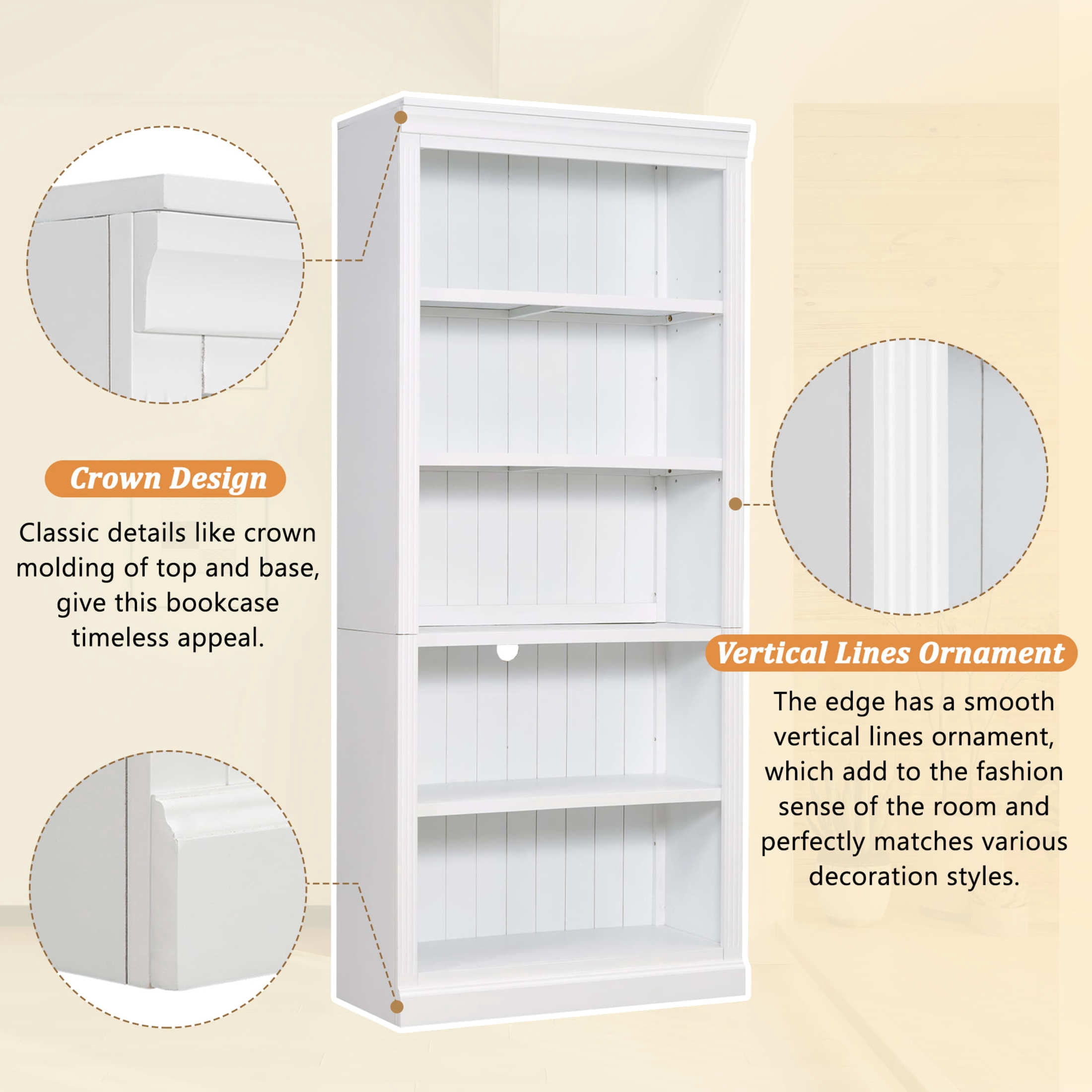 GDF Studio Halden 83.4" Wide 5-Tier Bookcase with LED Light, Adjustable Shelves & Cable Hole, Storage Bookshelf, White, Set of 2