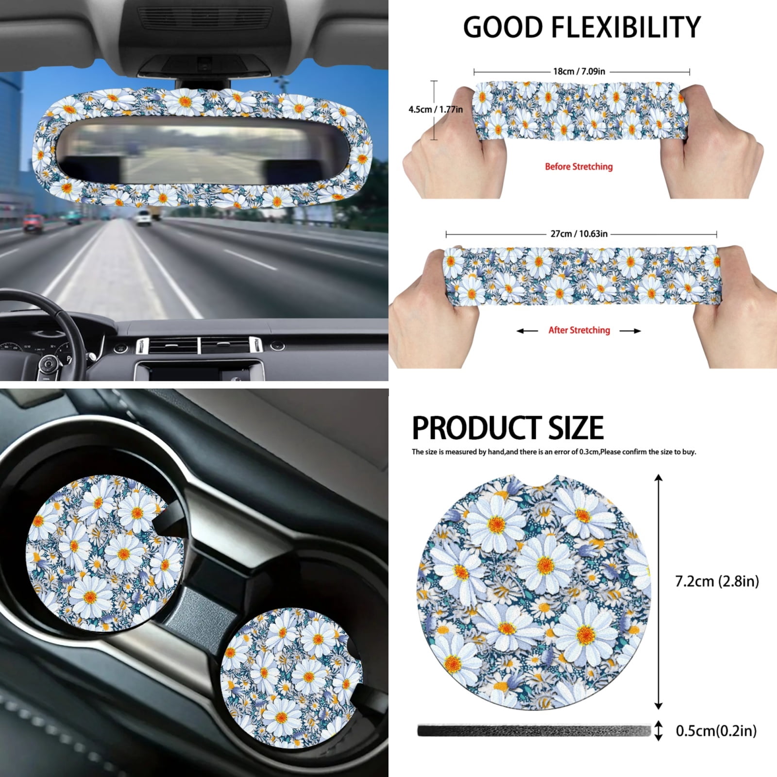 Yuyamidu Daisy Car Seat Covers Set of 16 Floral Steering Wheel Cover Handbrake Cover Gear Shift Knob Cover Seat Belt Covers Car Windshield Sun Shade Rear View Mirror Cover Coasters Key Chain