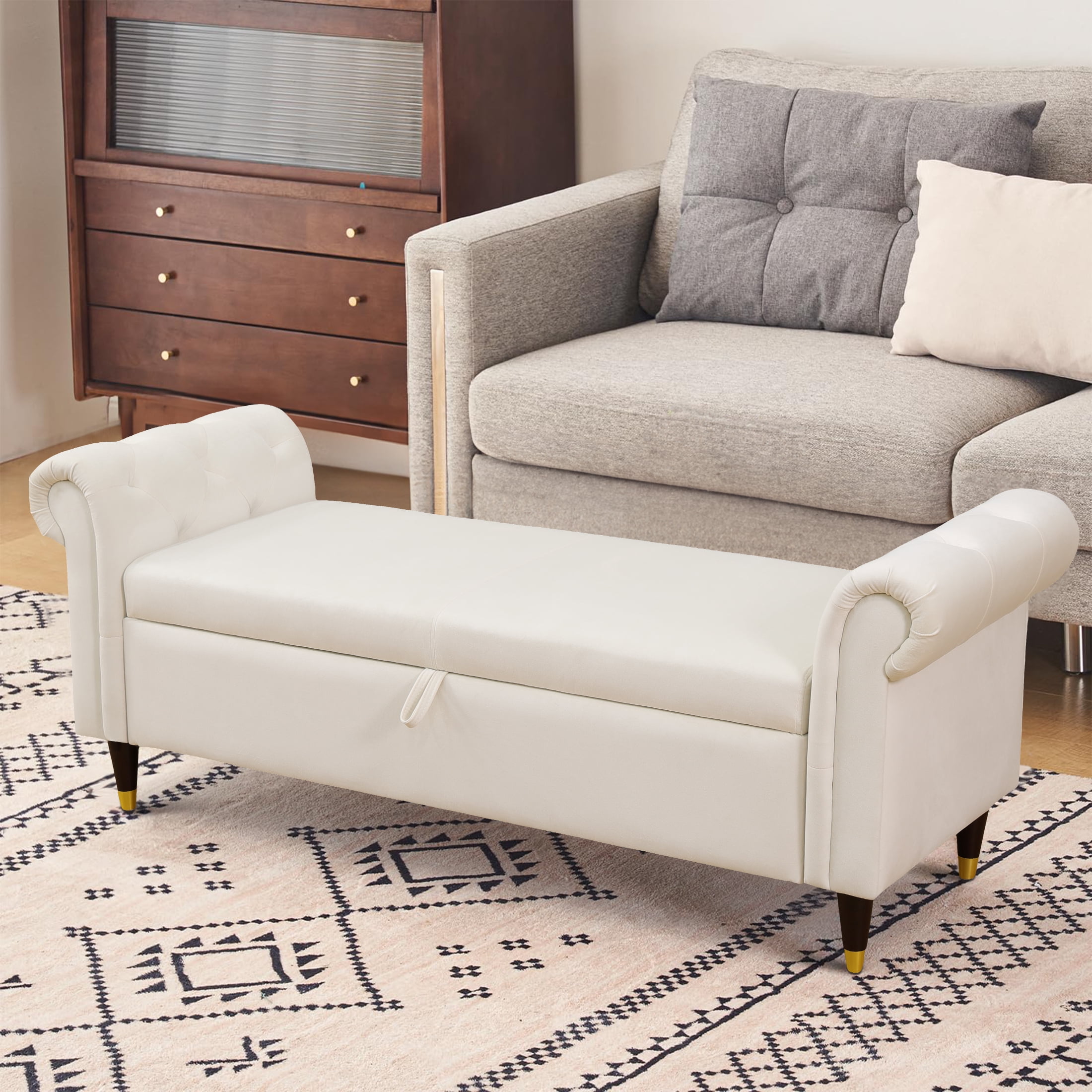 Aukfa 64 inch Oversized Storage Ottoman Bench, Lift Top Storage Chest for Bedroom, Sherpa, White