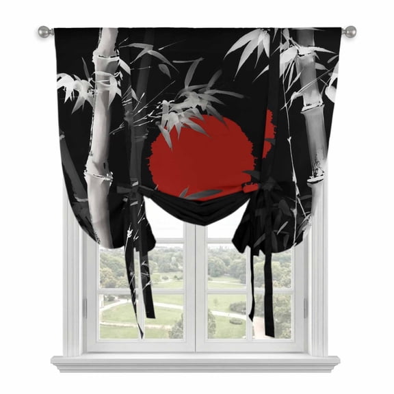 Black White Botanical Tie Up Curtains for Windows, Adjustable Balloon Window Shades, Red Moon Ink Wash Art Classic Kitchen Window Treatments Adjustable Roll Up Curtain for Basement/Nursery 52"x45"
