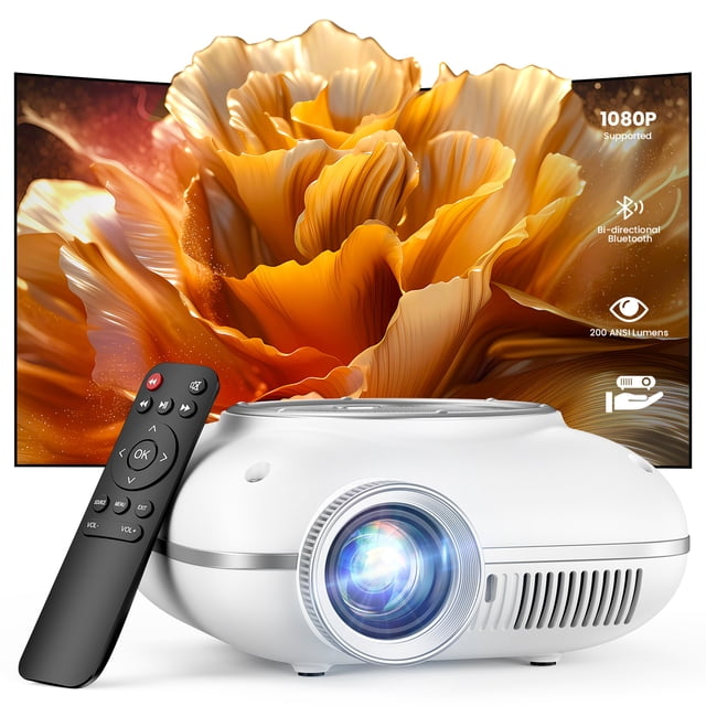 AUOSHI Projector 4K 1080P Supported, Mini Projector for Bedroom/Dorm, Portable Bluetooth Projector Compatible with iOS/Android/PC/HDMI/USB, White