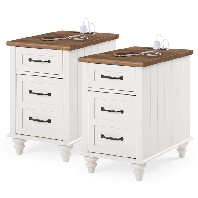 Wampat End Table with Charging Station Set of 2,Farmhouse Side Table with Storage Drawer and Cabinet,2 Power outlets & 2 USB Ports for Living Room, Oak White