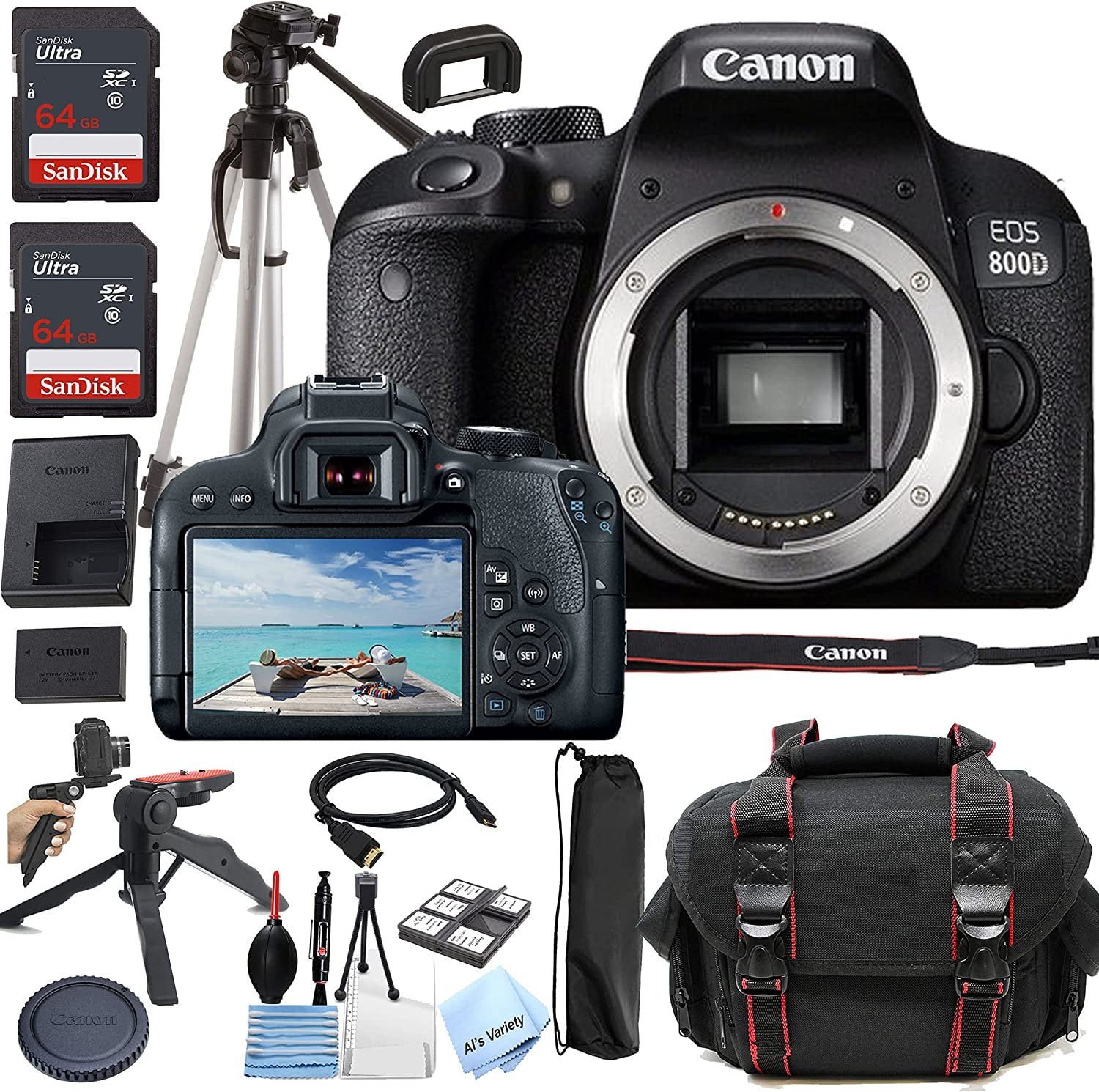 Canon EOS 800D Rebel T7i DSLR Camera Body Only + Als Variety Accessories Includes: 2X 64GB Memory + Case + Tripod + Grip Pod + HDMI + More 22pc Bundle - Walmart.com