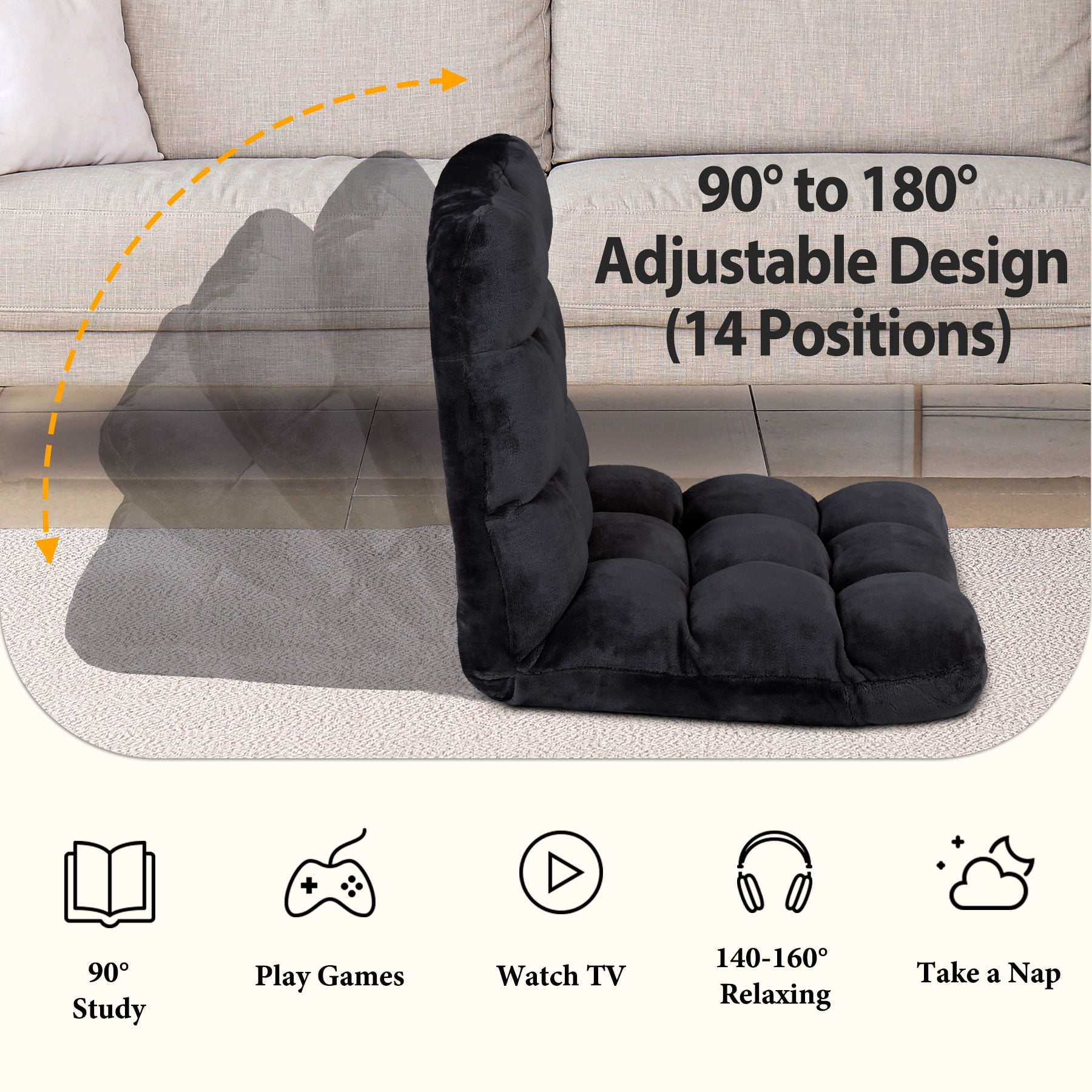 HomGarden 14-Position Adjustable Floor Chair Padded Folding Gaming Sofa Chair Black