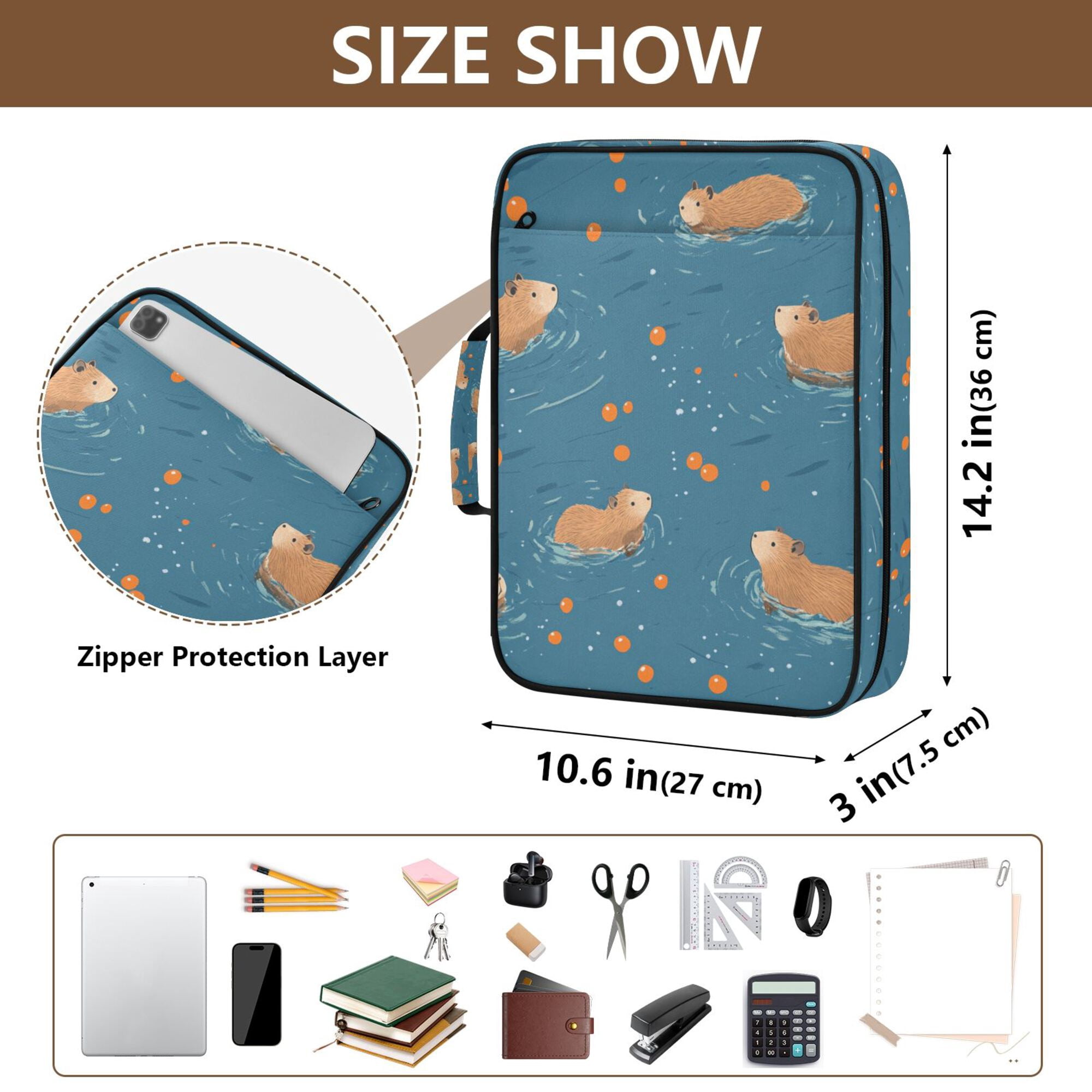 FORMRS Accordion File Folder A4 Size 7-Pocket Expanding Document Organizer Bag with 3 Ring Binder, Capybaras Swimming