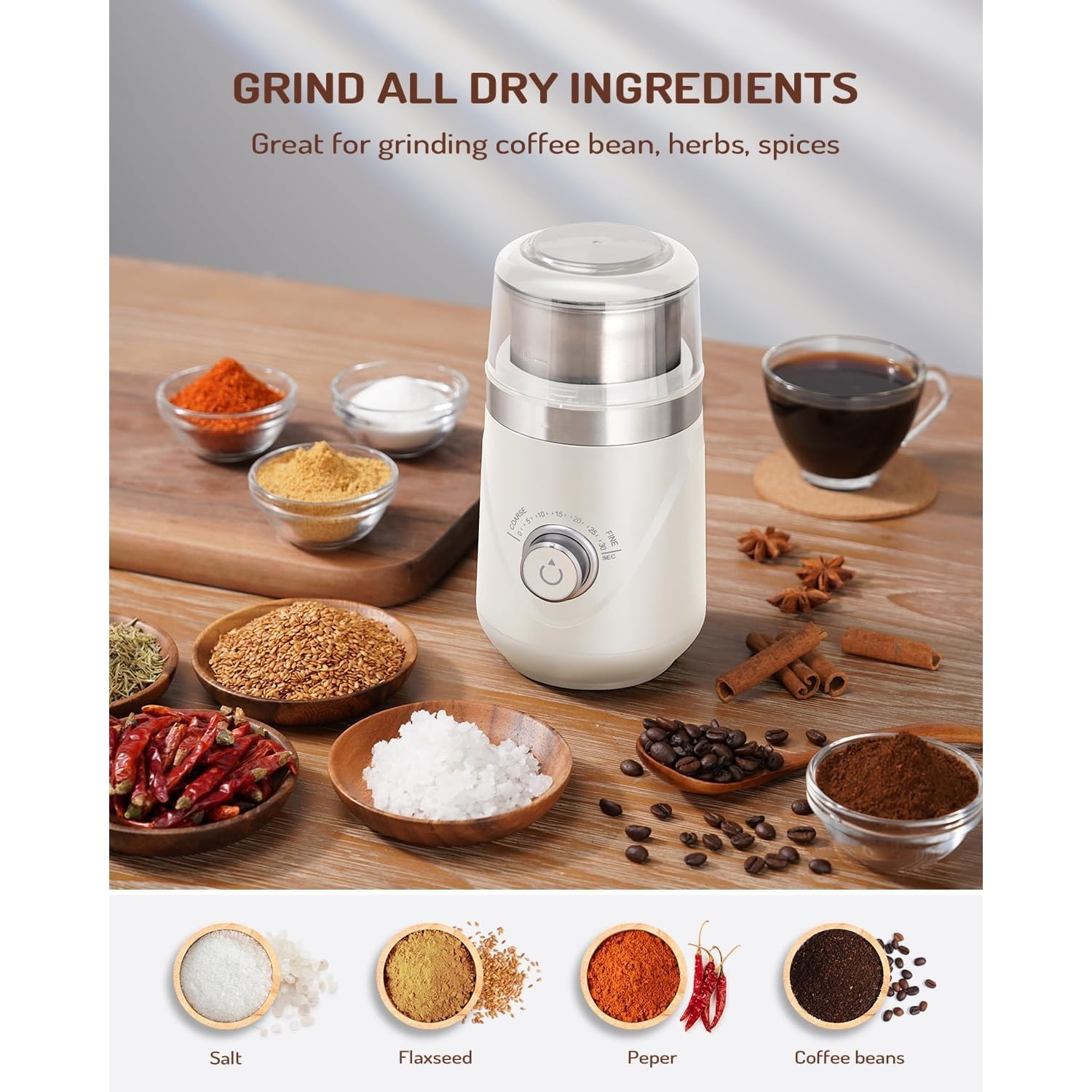 Electric Super Silent Blade Coffee Grinder, Timed Grind Control Rotary Knob, Adjustable Coarse to Fine for Coffee Beans, Spices & Herbs, with 1 Removable Stainless Steel Bowl, Cream