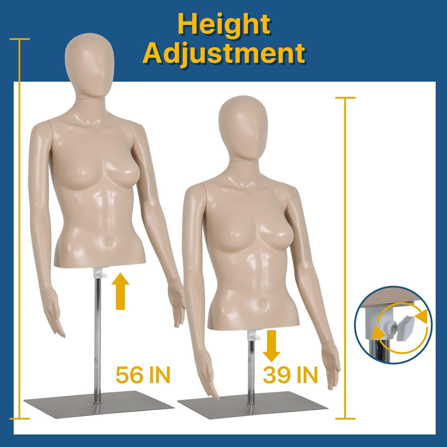 Female Mannequin 39-56 inch Adjustable Mannequin Torso Dress Form Model Sewing Manikin Detachable Mannequin Stand w/Metal Base