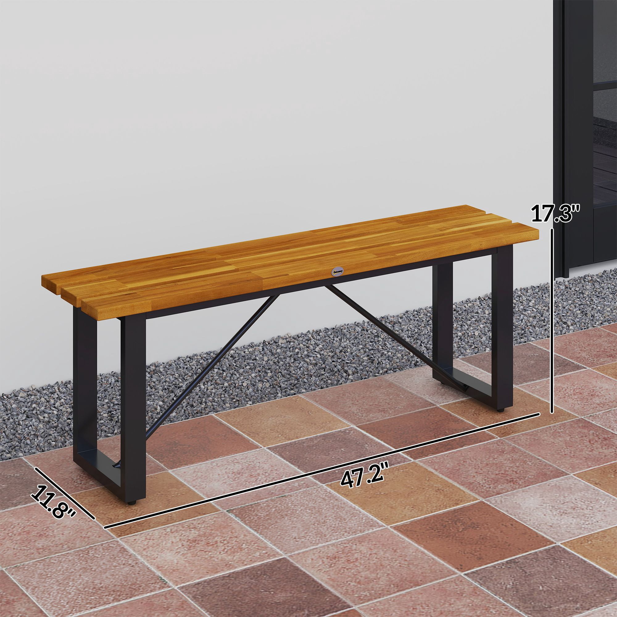 Backless Outdoor 2-Seater Bench, Varnished Acacia Wood Slat Seat Heavy Duty Rustproof Steel Frame Supports 528lbs, Patio Garden Park Entryway Bench Teak Finish & Black Frame