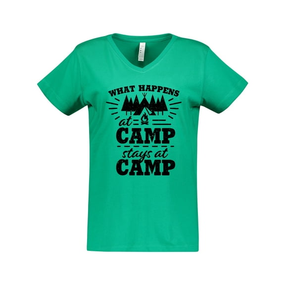 Inktastic What Happens at Camp Stays at Camp with Tent and Woods Women's V-Neck T-Shirt