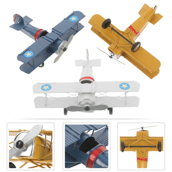 3Pcs Vintage Airplane Decor Small Biplane Plane Model Metal Aircraft Desktop Ornament