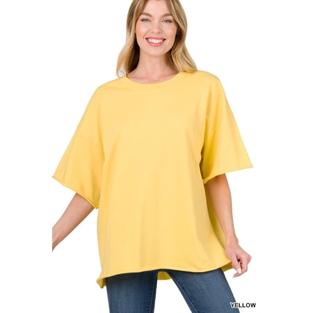 Zenana Plus Cotton French Terry Drop Shoulder Raw Edge Relaxed Casual Solid Tee Shirt Top price history on PriceWatchPro