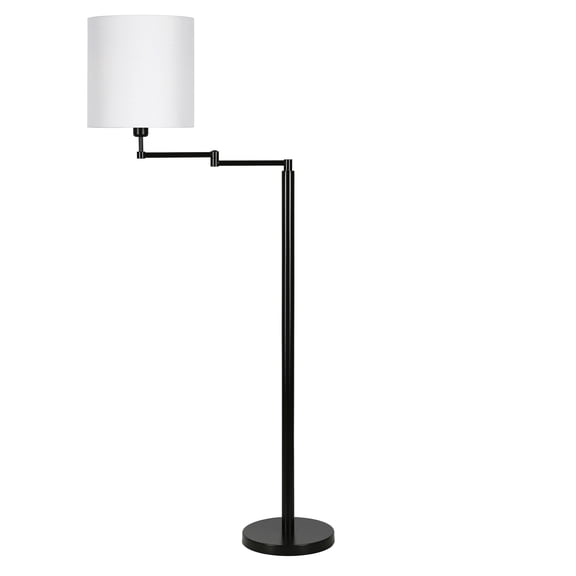 Evelyn&Zoe Moby Swing Arm Floor Lamp with Fabric Drum Shade, Blackened Bronze/White
