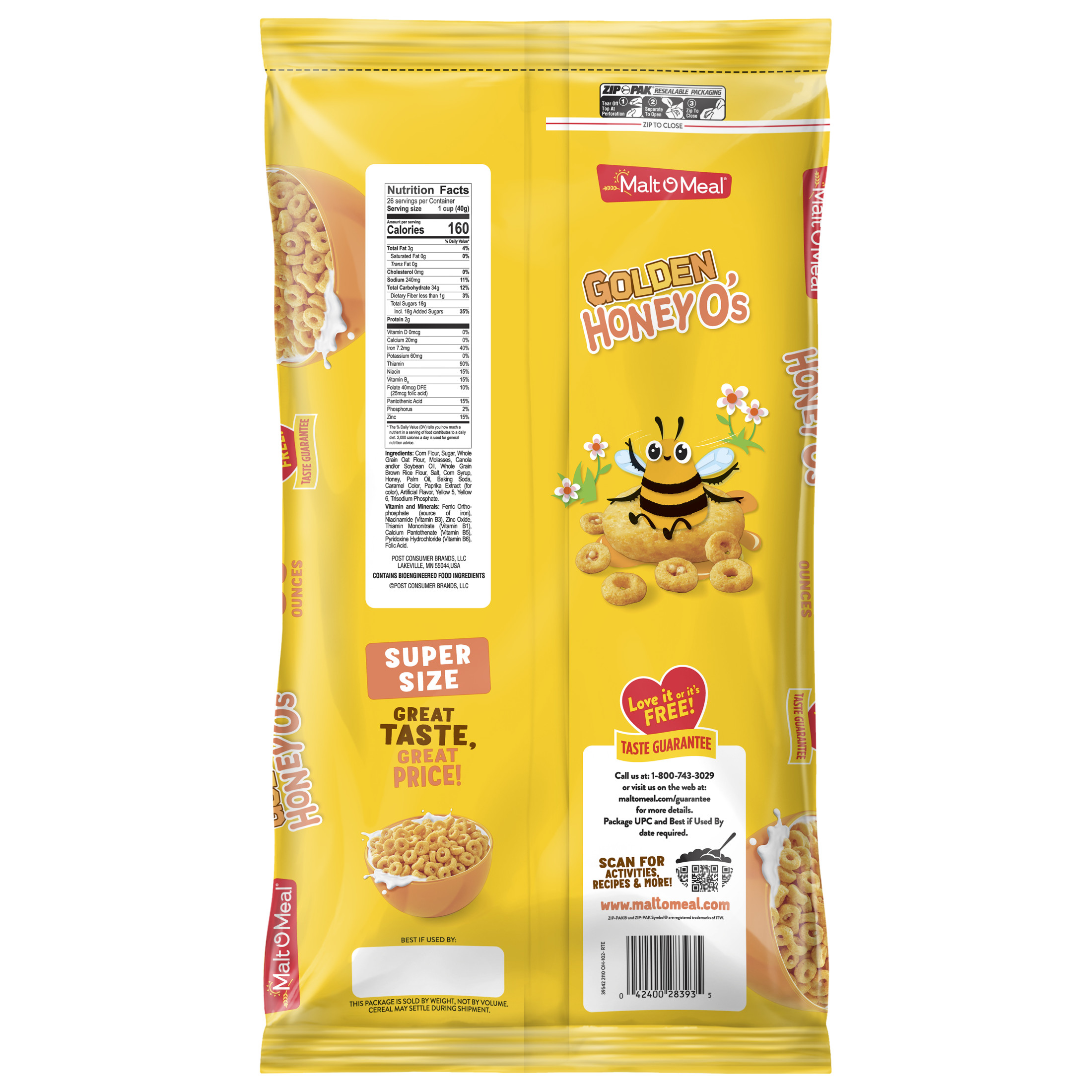 Malt-O-Meal Golden Honey O's Breakfast Cereal, 36 OZ Resealable Cereal Bag