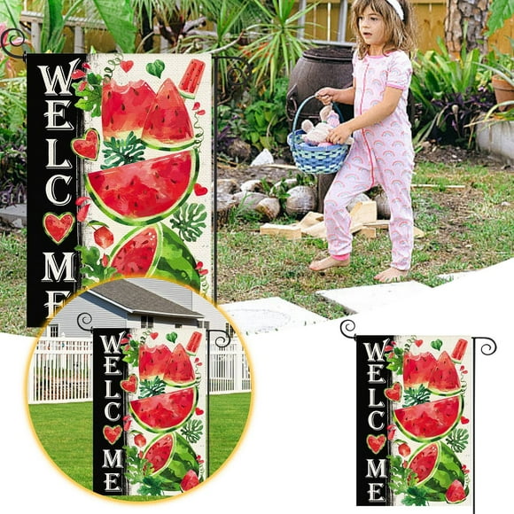Drapeau de Bienvenue Baccessor Printemps Été Melon D\'eau 12,5x18 Pouces Double Toile de Jute Bonjour Été Bannière de Fruits Bannière du Memorial Day Drapeaux Grand Support de Drapeau de Jardin Drapeaux Muraux pour Entraînement de Drapeau de Chambre Rétractable