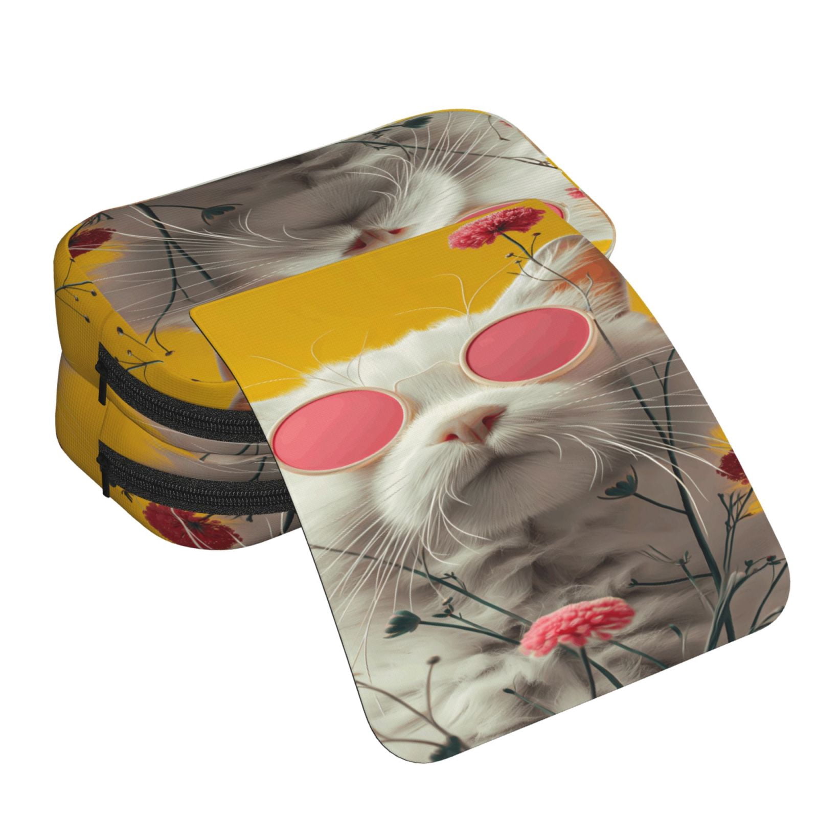 Rateoe Floral Sunglasses Cat Art Pattern Double Clamshell Pen Case, Storage Organizer with Two Zipper Compartments– Holds Up to 50 Pencils & Pens