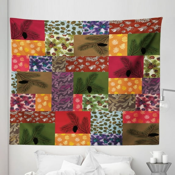 Botanical Tapestry, Colorful Pine Branches with Corns in Sqaures Patchwork Style Graphic, Fabric Wall Hanging Decor for Bedroom Living Room Dorm, 5 Sizes, Multicolor, by Ambesonne