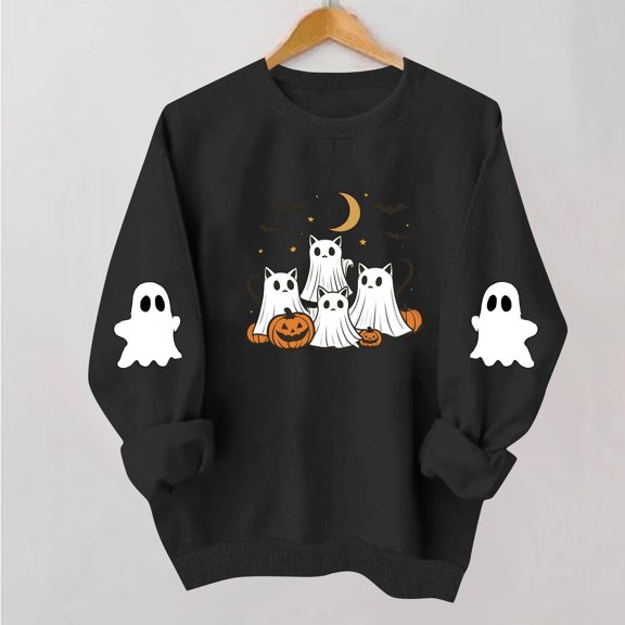 Meichang Womens Sweatshirt Halloween Ghost Graphic Sweatshirt Crewneck Long Sleeve Fall Pullover Party Tops Matching Family Halloween Sweatshirts