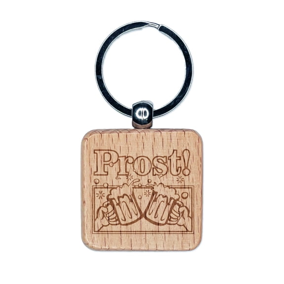 Oktoberfest Prost German Cheers Beer Steins Square Keychain Charm Tag - Engraved Wood