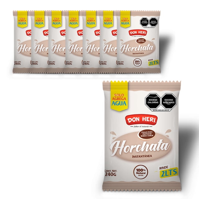 horchata don heri polvo para preparar bebida instantanea sabor horchata 100% natural bolsa frontal beige 240 g con logo rojo Don Heri, leyenda "solo agrega agua", rinde 2 LTS, sello 100% natural y octágonos de advertencia negros; también se puede preparar como atole.
