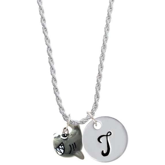 Delight Jewelry Resin Shark Silvertone Script Initial Disc - T - Charm Necklace, 20"+3"