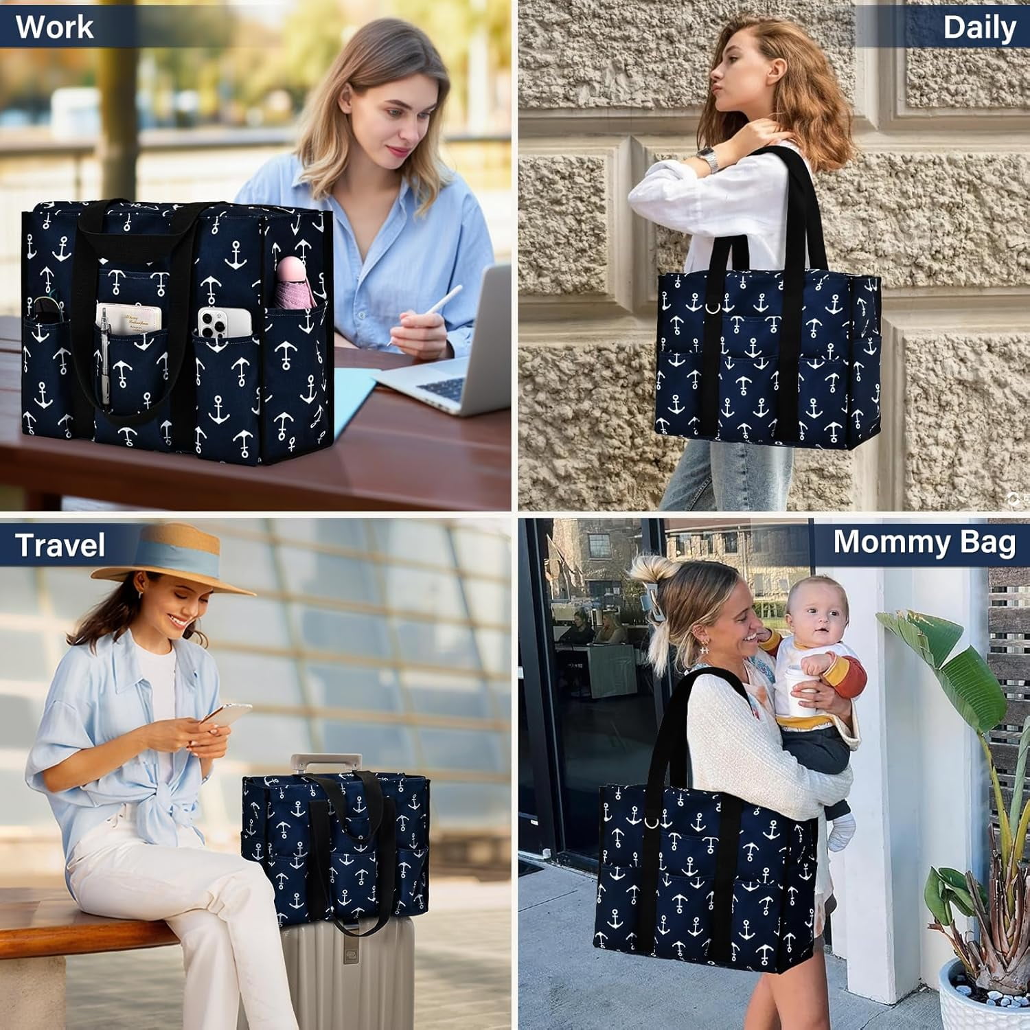 Omlopp Large Tote Bag for Women Waterproof with 12 Pockets Top Zipper Closure Utility Teacher Nurse Bags for Work School-Anchor-Large