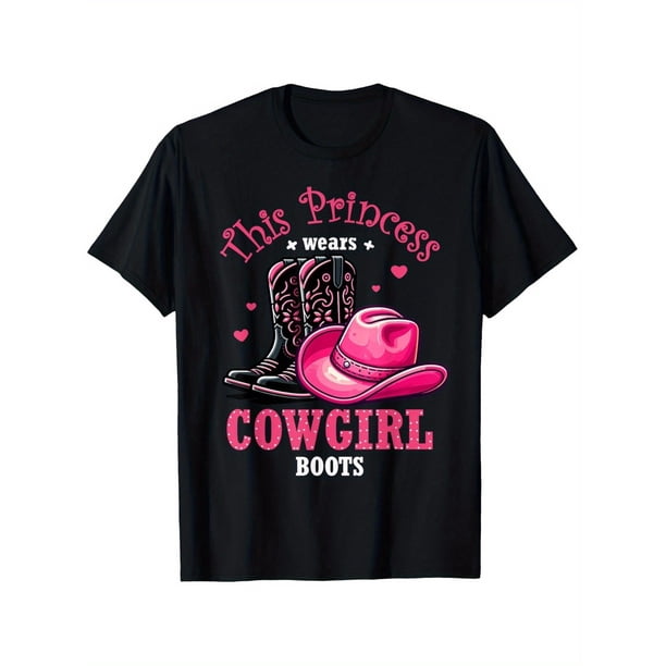 Camiseta de princesa vaquera con botas vaqueras occidentales para niñas, de algodón, manga corta y cuello redondo, corte holgado informal, lavable a máquina, ideal para uso informal.