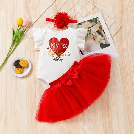 

3-18 M Baby Valentine s Day Outfit-3pcs Infant Girls Sleeveless Letter Romper Top+ Tutu Tulle Skirt+ Headband Clothes Sets My 1st Valentine s Day-Red 6-9 Months