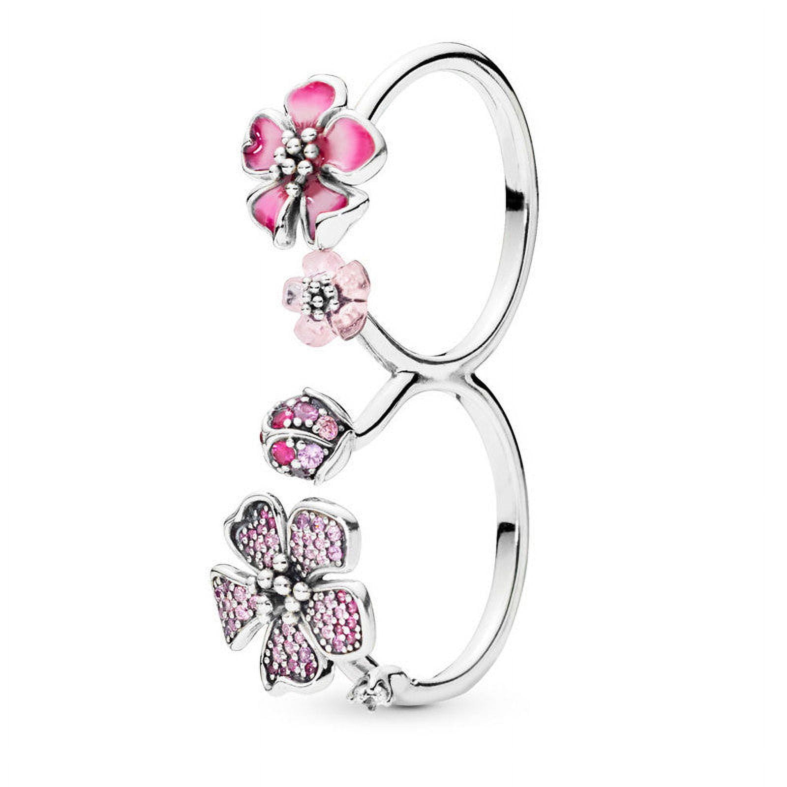 Womens Sterling Silver Magnolia Ring Korean Geometric Design with Micro Inlay Gemstones Flower Jewelry for Her