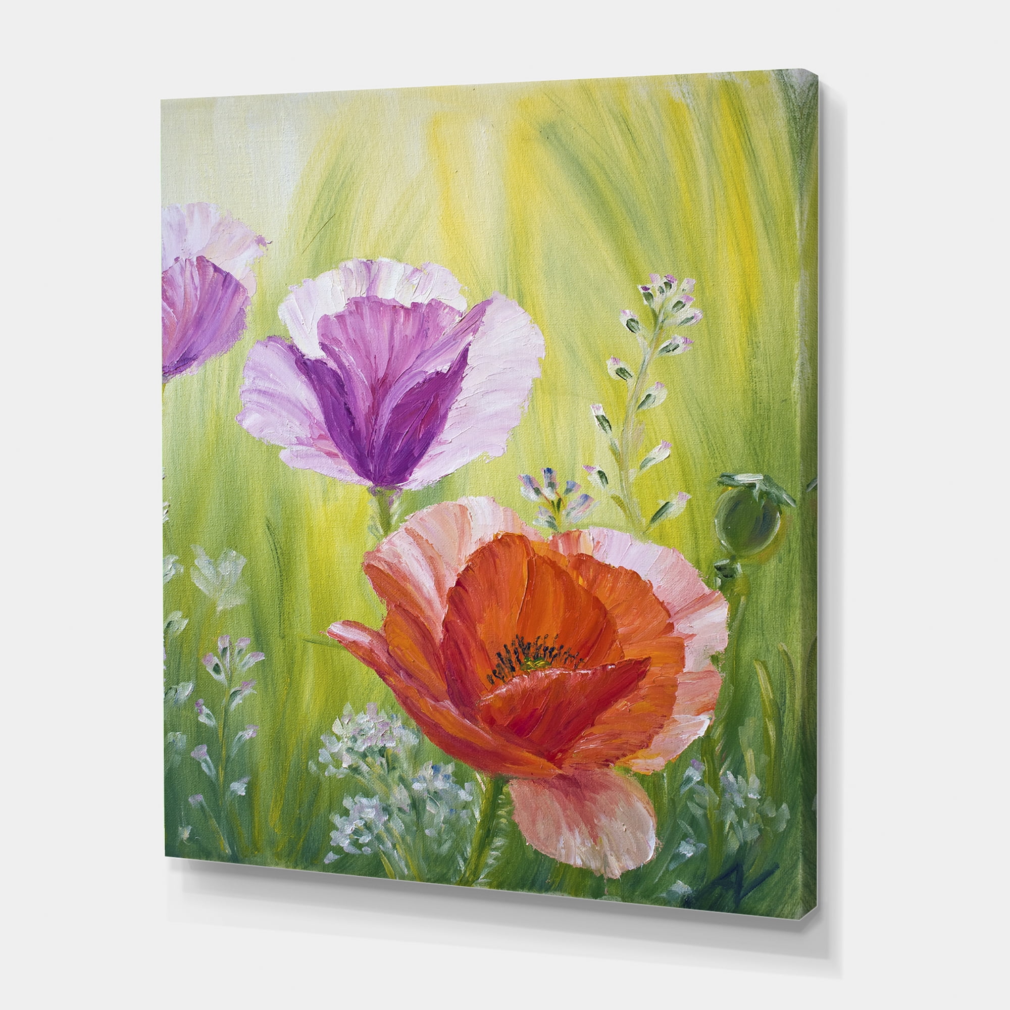 Designart ' Poppies In The Morning In Wild Green ' Traditional Canvas Wall Art Print