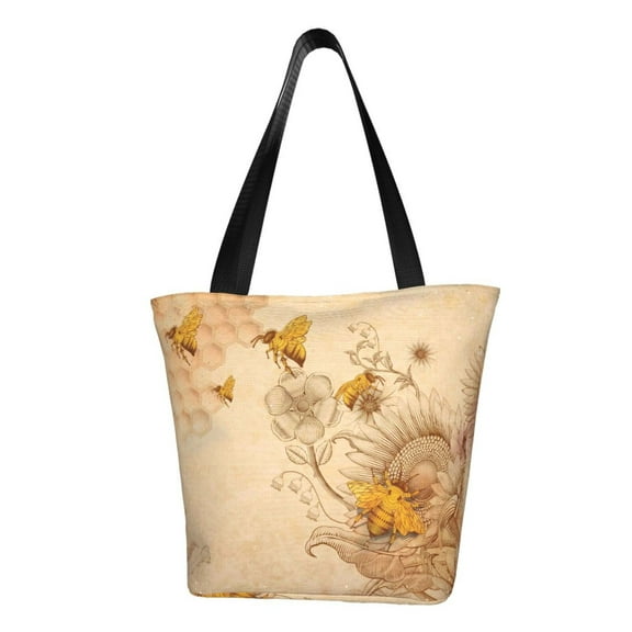 Defioc Retro Honey Bees Print Tote Bag for Women,Shoulder Bag with Zipper Casual Tote's Handbag Big Capacity Shoulder Bag with Inner Pocket Fit for Shopping,Office,Travel
