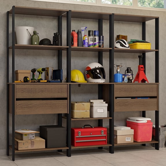 Madesa Garage Storage Rack with 4 Drawers and Open Shelves 78"L Multiuse Modular Organization Cabinet for Tools - Black/Brown