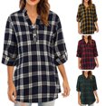 thumbnail image 3 of Otoño mujer camisa de tartán a cuadros con cuello en v botones pulóver puños manga larga suelta cami Abanopi Amarillo/Pequeña, 3 of 7
