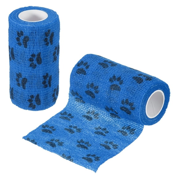 Uxcell Pet Wrap Bandages, 4 Inch 5 Yard Self Adhesive Bandage Wrap, Pet Non-Woven Tape First Aid Cohesive Gauze, (Blue/Paw, 2 Pcs)