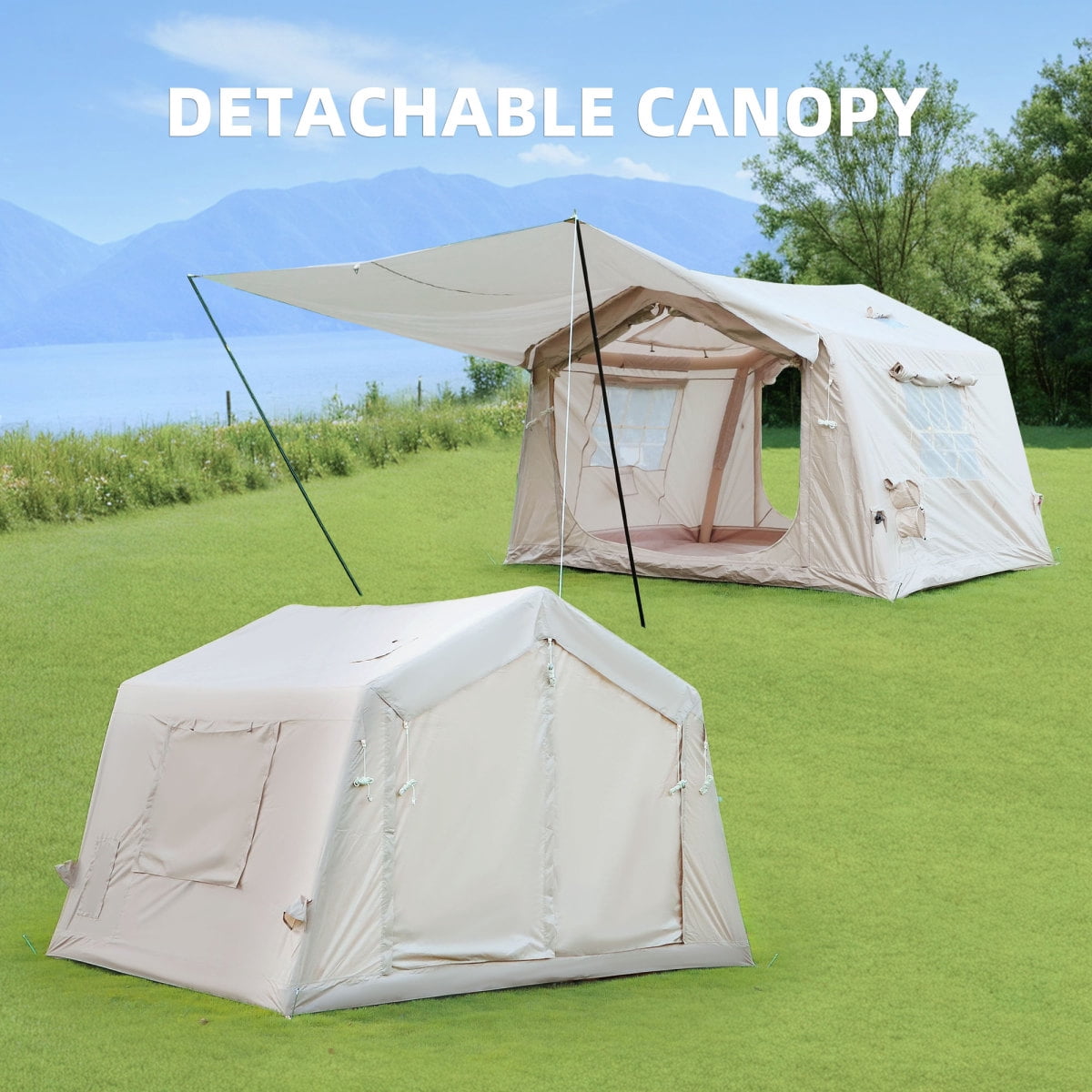 8 m² Inflatable Camping Tent with Canopy, Easy Setup 4-Season Waterproof Oxford Air Glamping Tent for 4/6/8 People, with Hand Pump