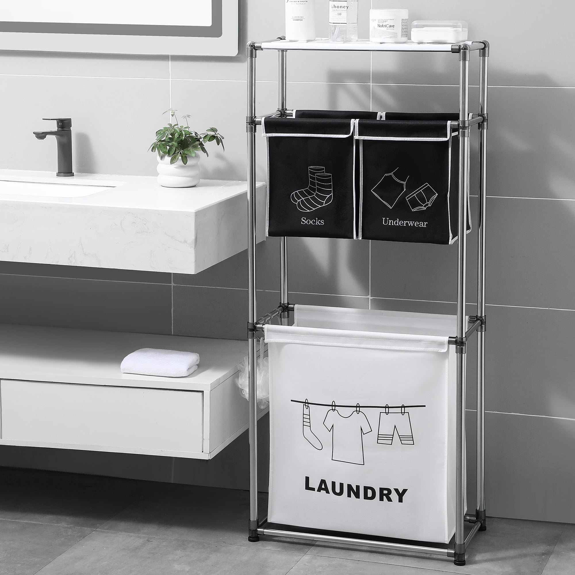 3 Tier Rolling Laundry Sorter with 4 Removable Bags, Wheels and Hooks, Fabric Hamper for Organizing Lights Darks, Waterproof MDF Board, Black White