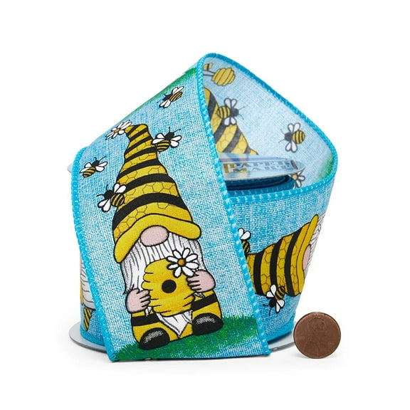 2.5" Wide Honey Bees & Gnomes On Wired Fabric Ribbon - 10 Yards (56340001)