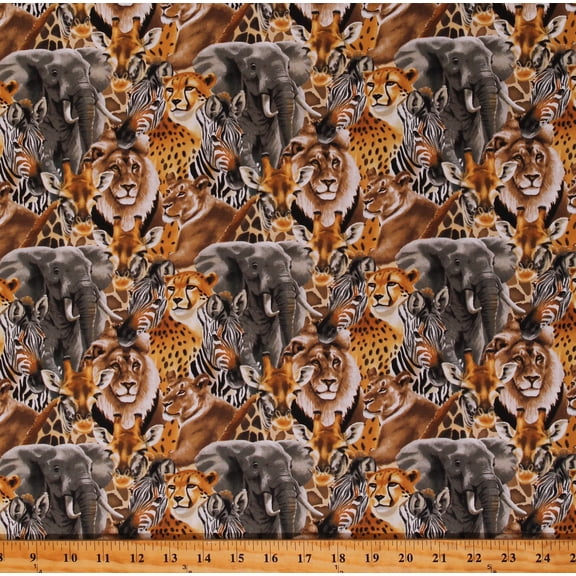 Cotton Safari Sights Animals Heads Faces Elephants Lions Zebras Giraffes Africa Cream Cotton Fabric Print by the Yard (3626-41) Blank Quilting