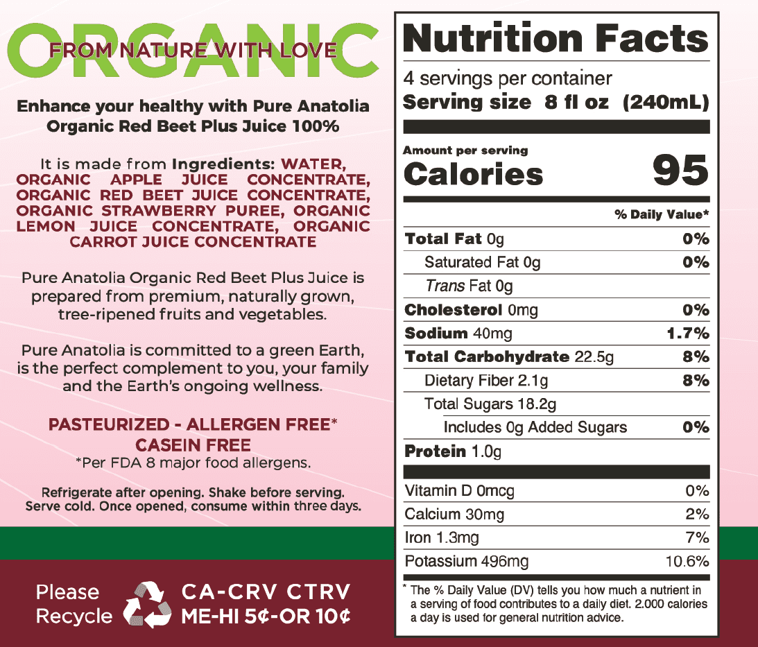 (6 pack) Pure Anatolia Organic Red Beet Juice, 32 fl oz; glass bottle